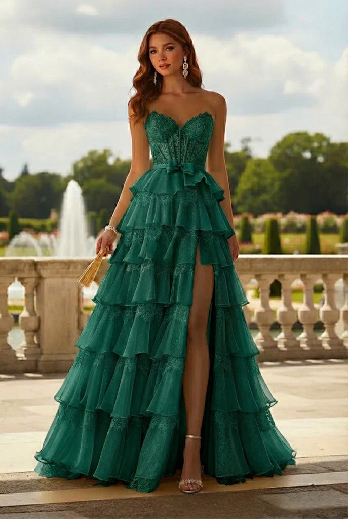 Belmara Strapless Lace Tiered Ruffle Prom Dress with Slit & Corset Back