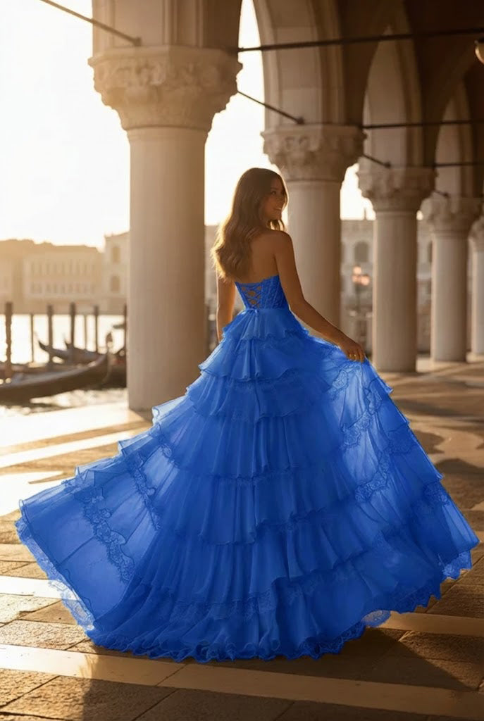 Belmara Strapless Lace Tiered Ruffle Prom Dress with Slit & Corset Back