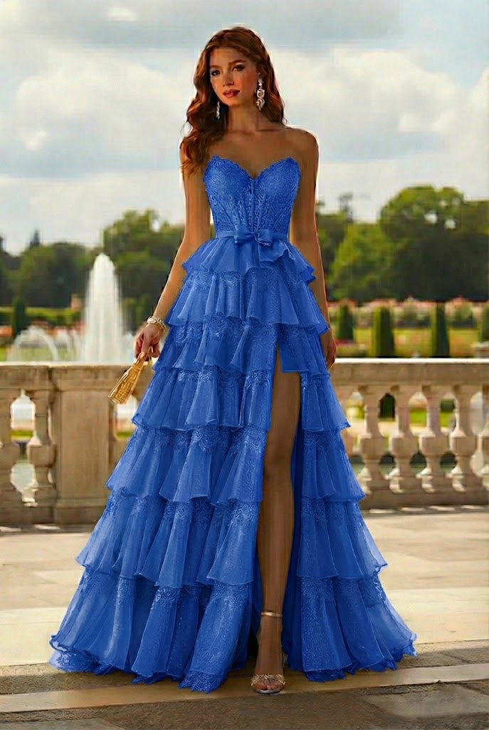 Belmara Strapless Lace Tiered Ruffle Prom Dress with Slit & Corset Back