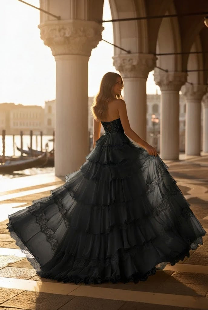 Belmara Strapless Lace Tiered Ruffle Prom Dress with Slit & Corset Back
