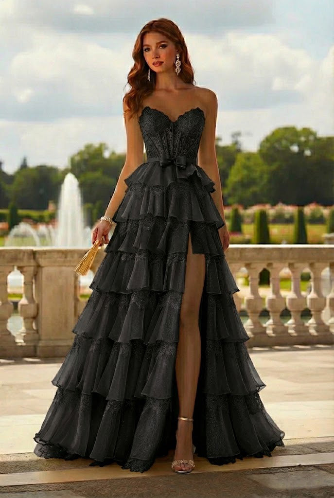 Belmara Strapless Lace Tiered Ruffle Prom Dress with Slit & Corset Back