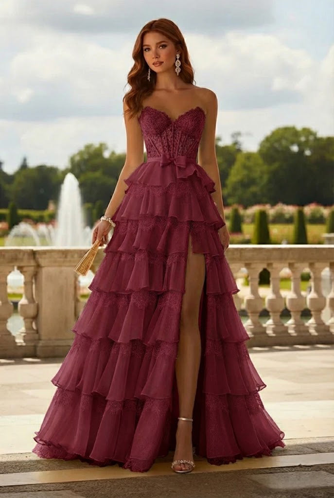 Belmara Strapless Lace Tiered Ruffle Prom Dress with Slit & Corset Back