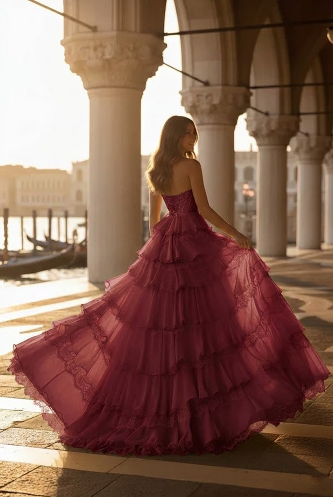 Belmara Strapless Lace Tiered Ruffle Prom Dress with Slit & Corset Back