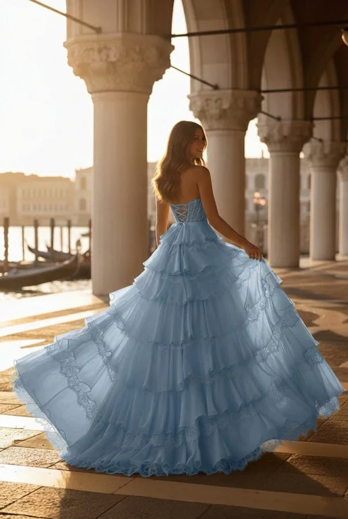 Belmara Strapless Lace Tiered Ruffle Prom Dress with Slit & Corset Back