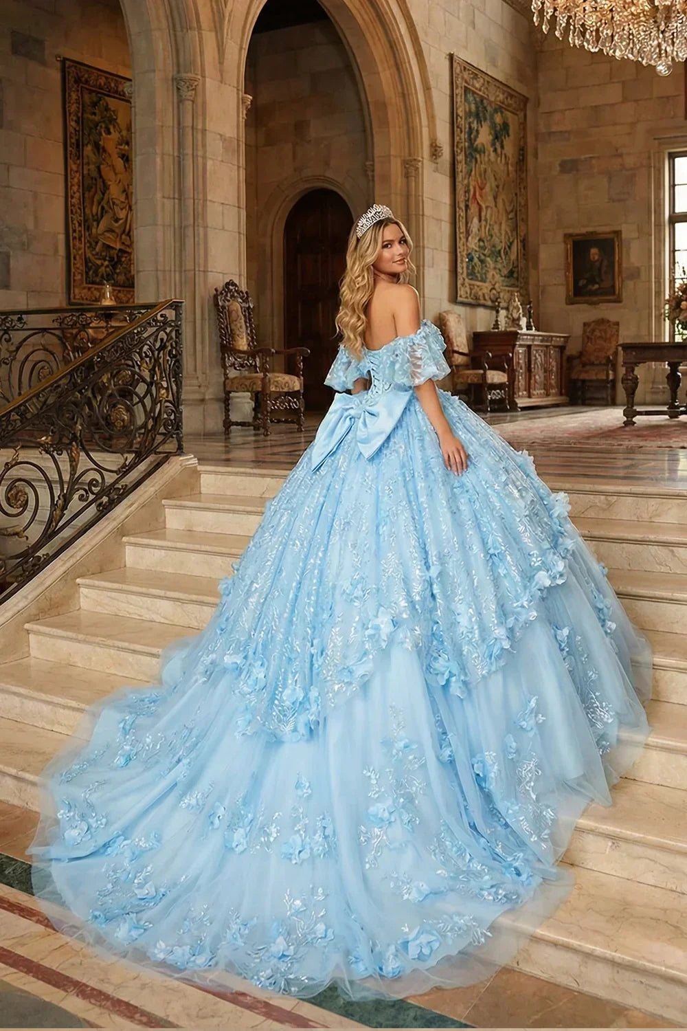 Nayeli Textured Ruffle Ball Gown V Neck Quinceañera Dress With Bow and 3D Floral