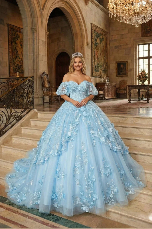 Nayeli Textured Ruffle Ball Gown V Neck Quinceañera Dress With Bow and 3D Floral