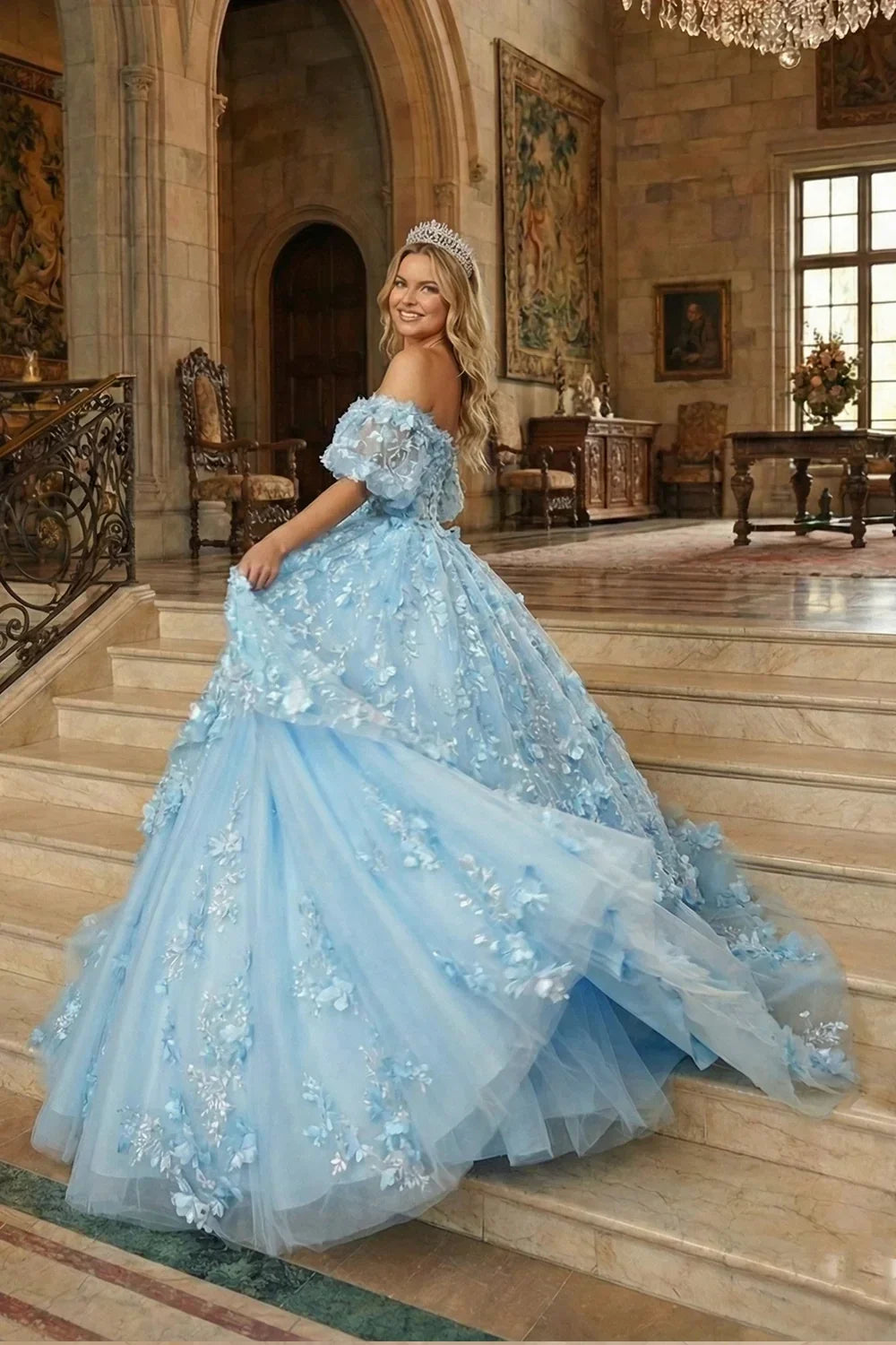 Nayeli Textured Ruffle Ball Gown V Neck Quinceañera Dress With Bow and 3D Floral