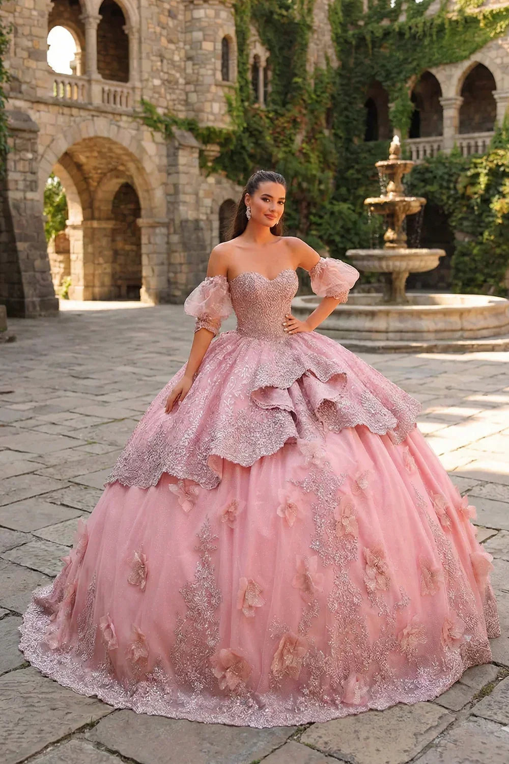 Delia Textured Ruffles Ball Gown Cold Shoulder Quinceañera Dress With Embroidery and 3D Floral