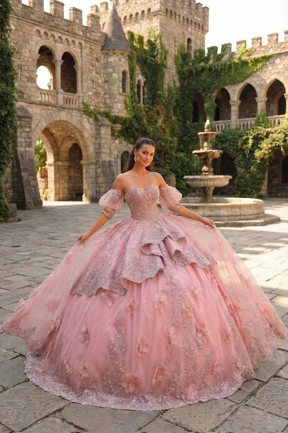 Delia Textured Ruffles Ball Gown Cold Shoulder Quinceañera Dress With Embroidery and 3D Floral
