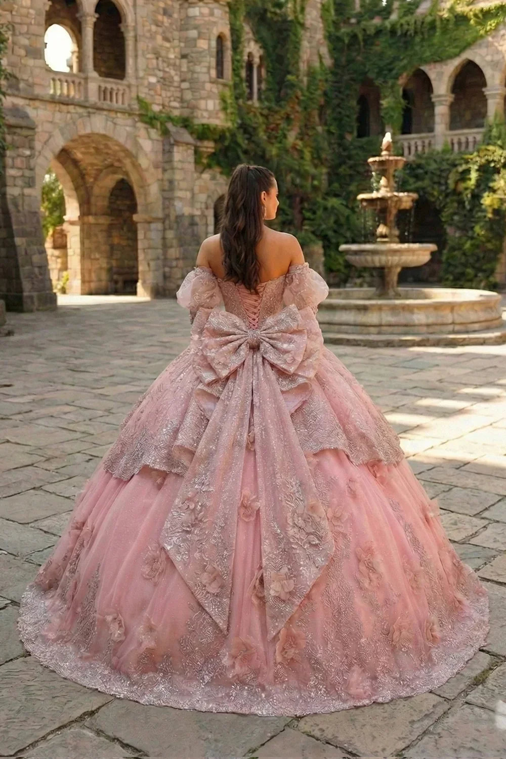 Delia Textured Ruffles Ball Gown Cold Shoulder Quinceañera Dress With Embroidery and 3D Floral