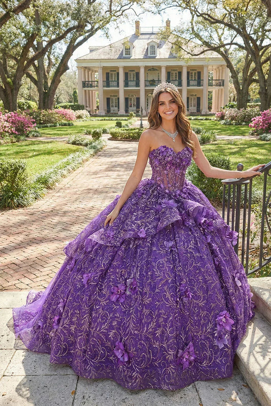 Constanza Textured Ruffles Ball Gown Illusion Off-the-shoulder Quinceañera Dress With Lace & 3D Floral
