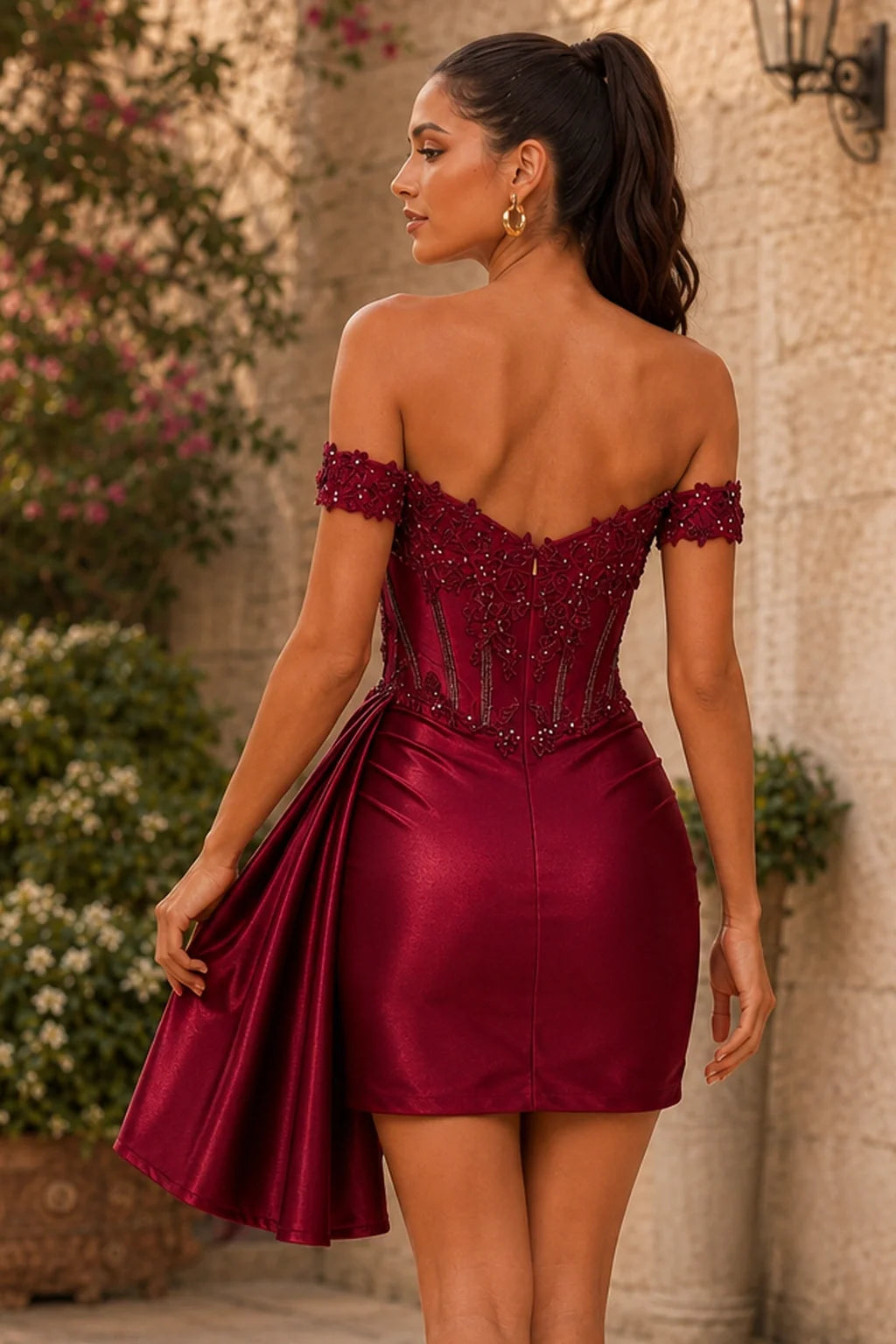 Astra Fuchsia Off-the-Shoulder Beaded Drape Mini Homecoming Dress