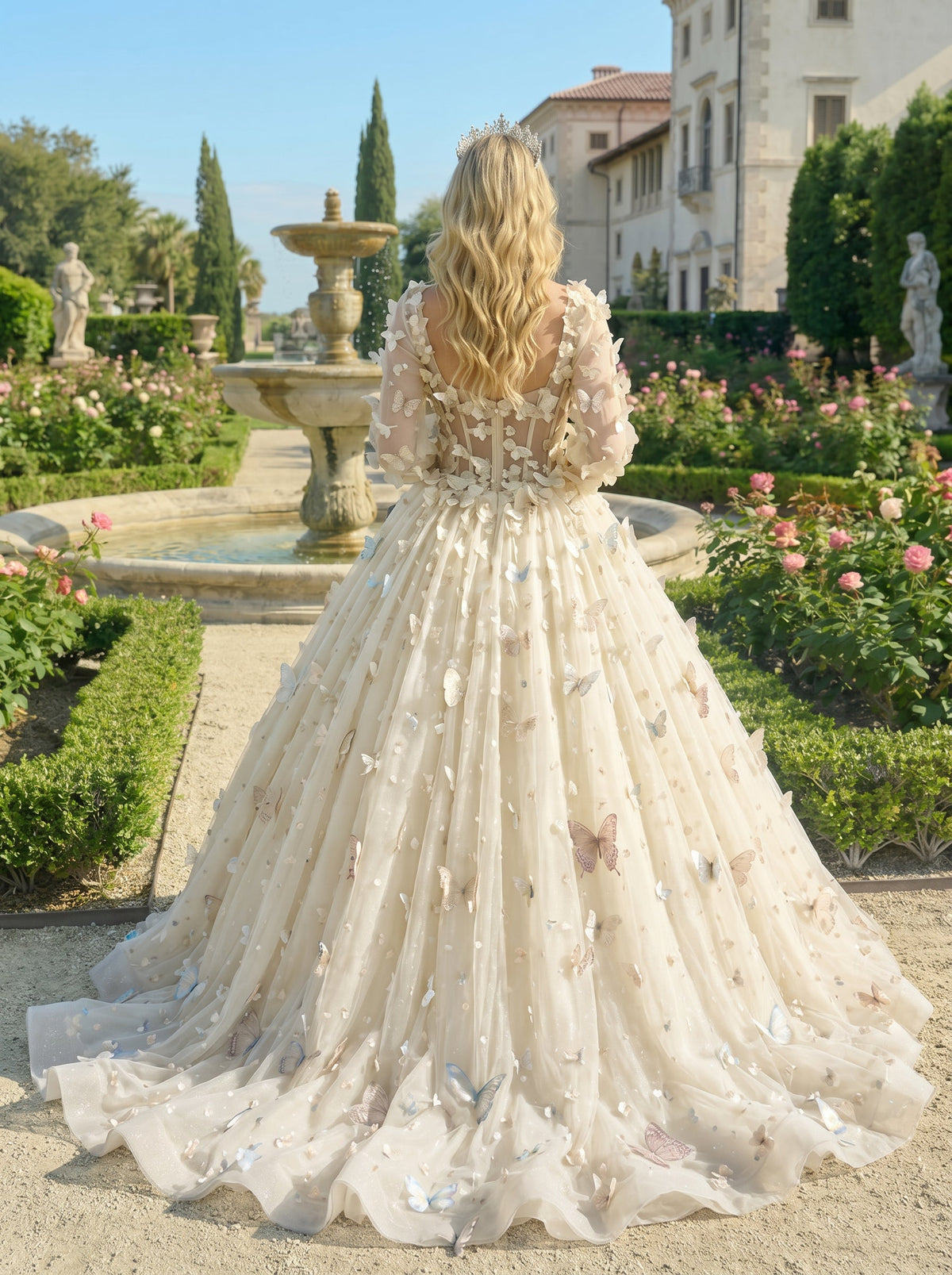 Beatriz Charming Ball Gown Illusion Long Sleeves Quinceañera Dress With 3D Butterfly