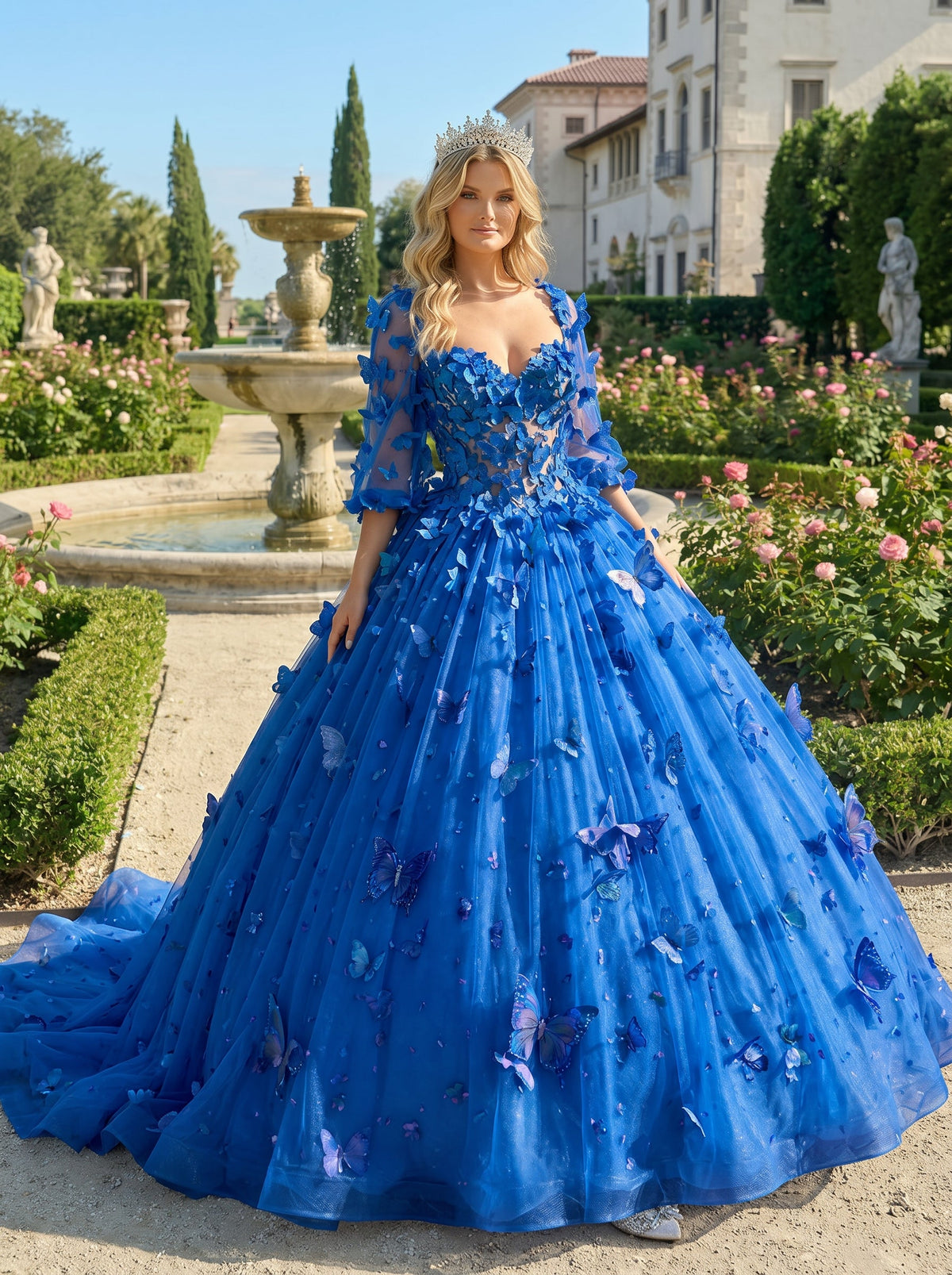 Beatriz Charming Ball Gown Illusion Long Sleeves Quinceañera Dress With 3D Butterfly