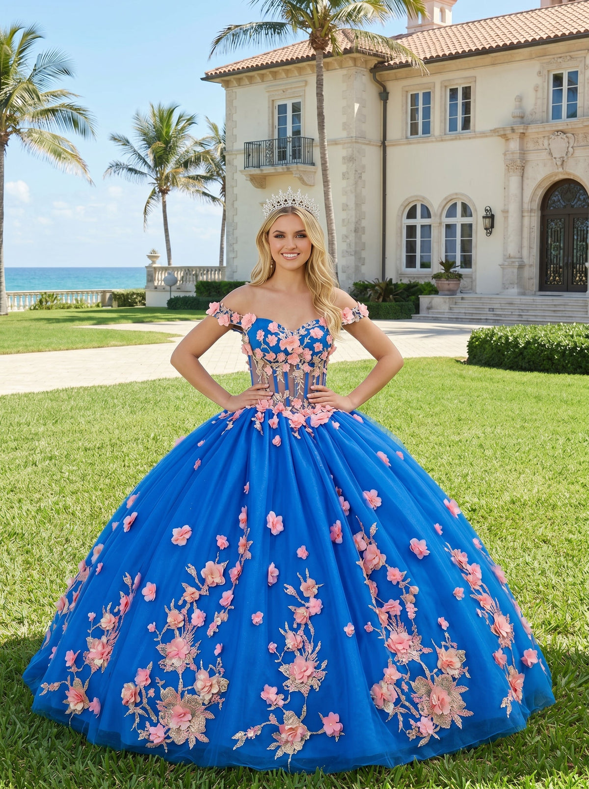 Diamantina Charming Ball Gown Illusion Neck Quinceañera Dress With 3D Floral & Lace
