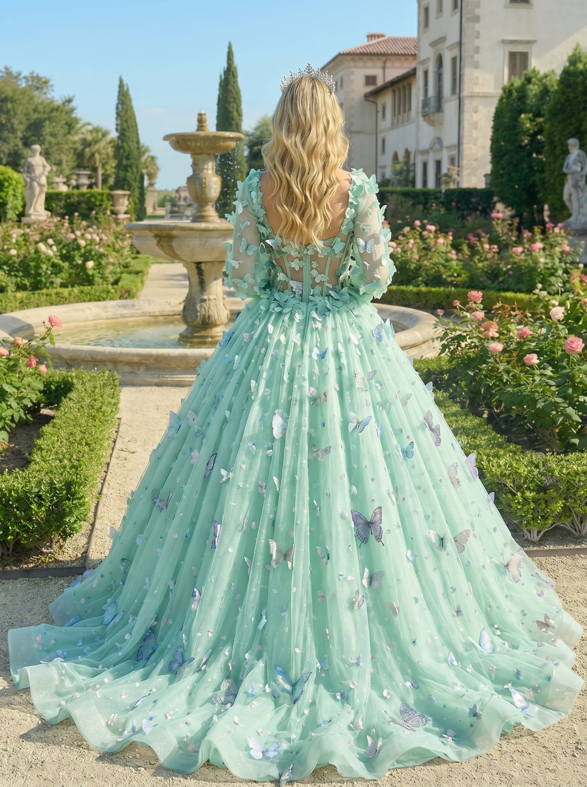 Beatriz Charming Ball Gown Illusion Long Sleeves Quinceañera Dress With 3D Butterfly
