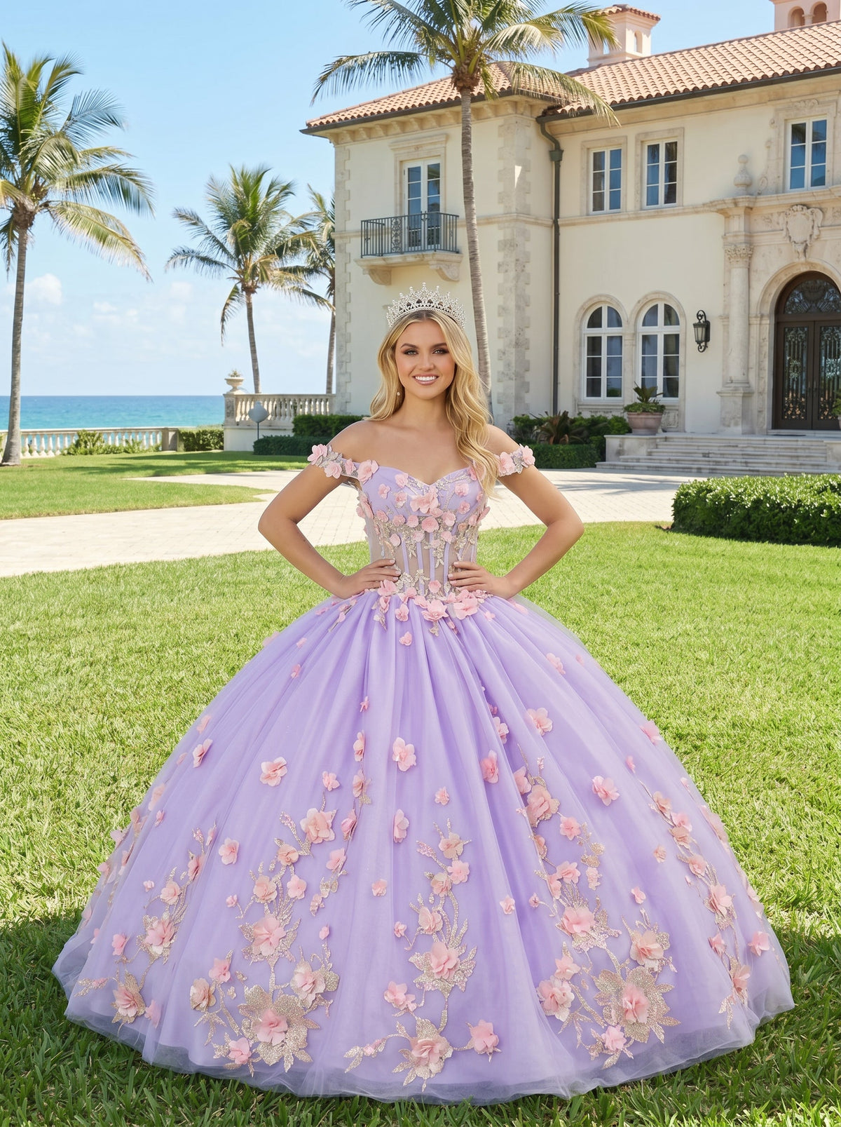 Diamantina Charming Ball Gown Illusion Neck Quinceañera Dress With 3D Floral & Lace