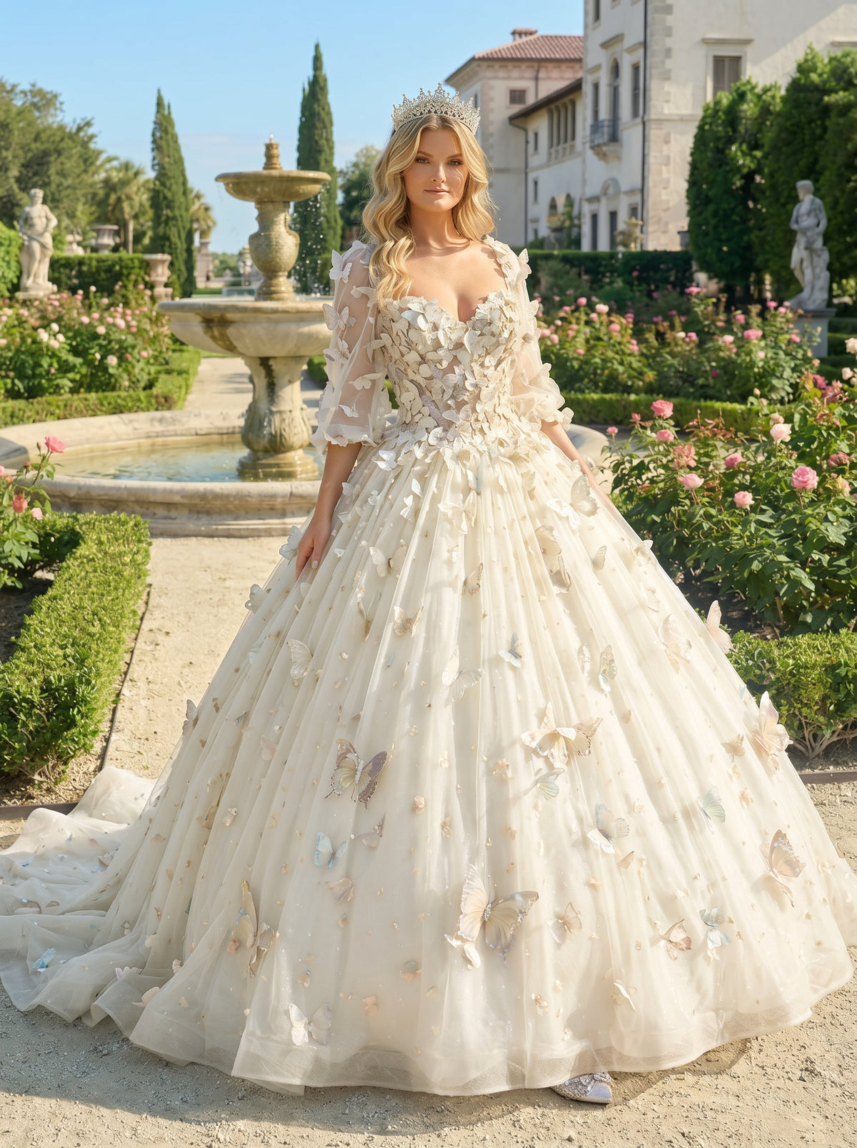 Beatriz Charming Ball Gown Illusion Long Sleeves Quinceañera Dress With 3D Butterfly