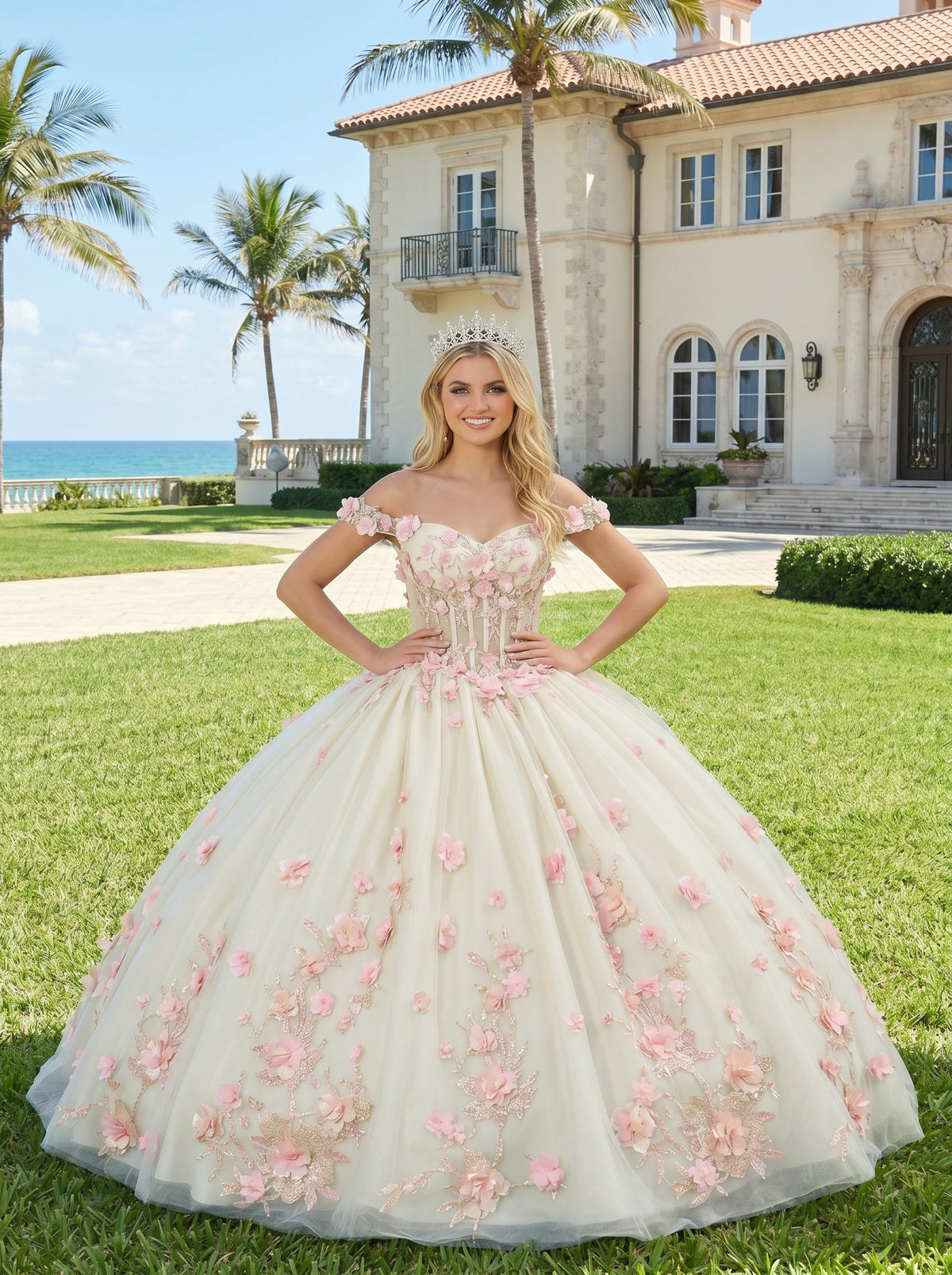 Diamantina Charming Ball Gown Illusion Neck Quinceañera Dress With 3D Floral & Lace