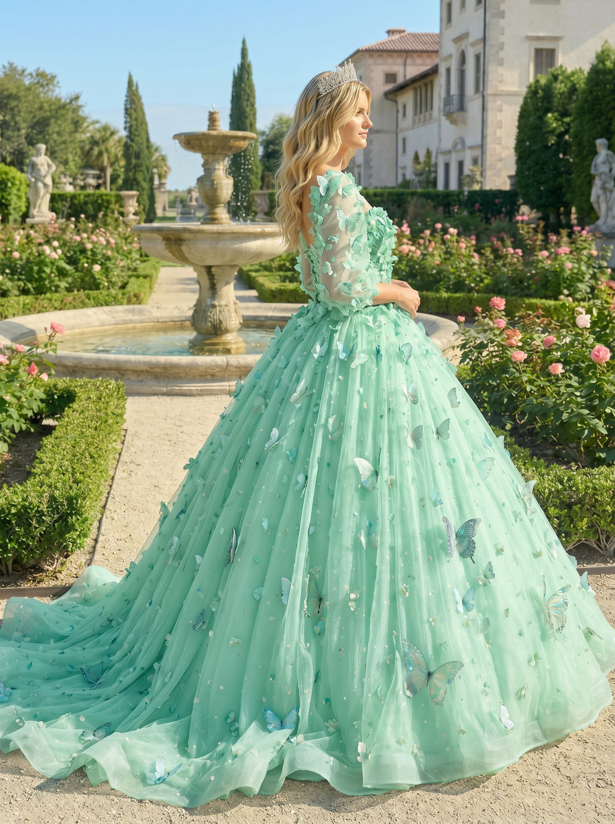 Beatriz Charming Ball Gown Illusion Long Sleeves Quinceañera Dress With 3D Butterfly