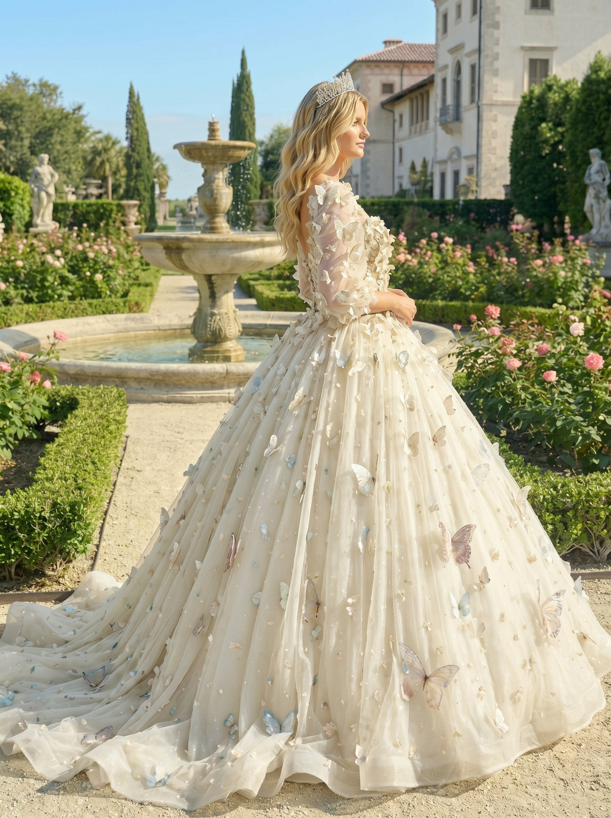 Beatriz Charming Ball Gown Illusion Long Sleeves Quinceañera Dress With 3D Butterfly