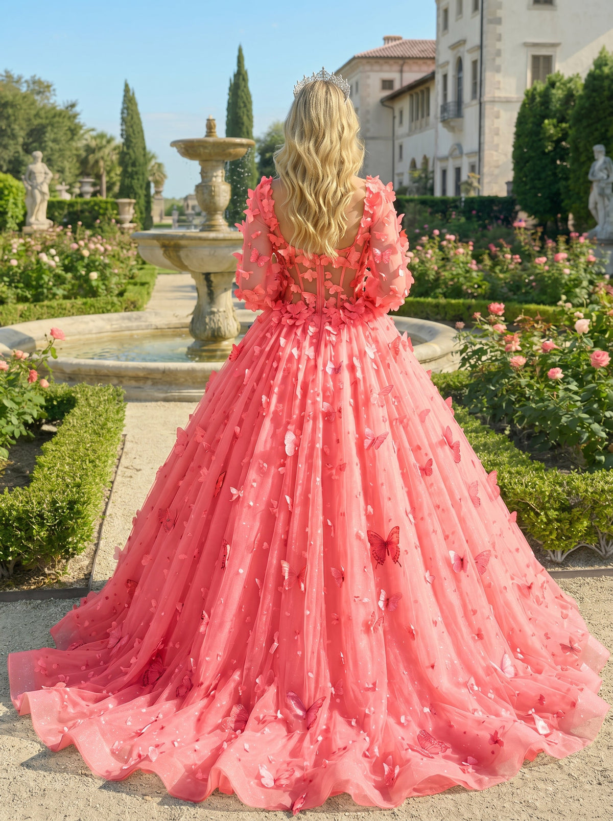 Beatriz Charming Ball Gown Illusion Long Sleeves Quinceañera Dress With 3D Butterfly