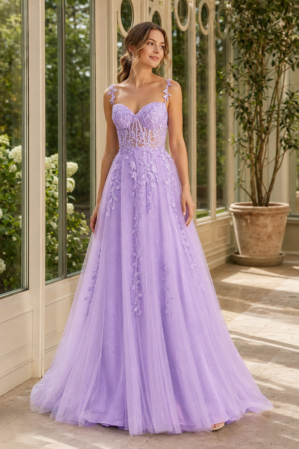 Jorliane Elara Floral Strap A-Line Tulle Prom Dress