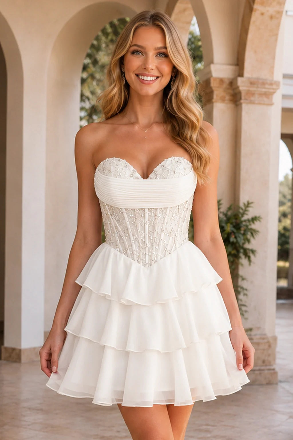 Emery Red Beaded Corset Tiered Ruffle Mini Homecoming Dress