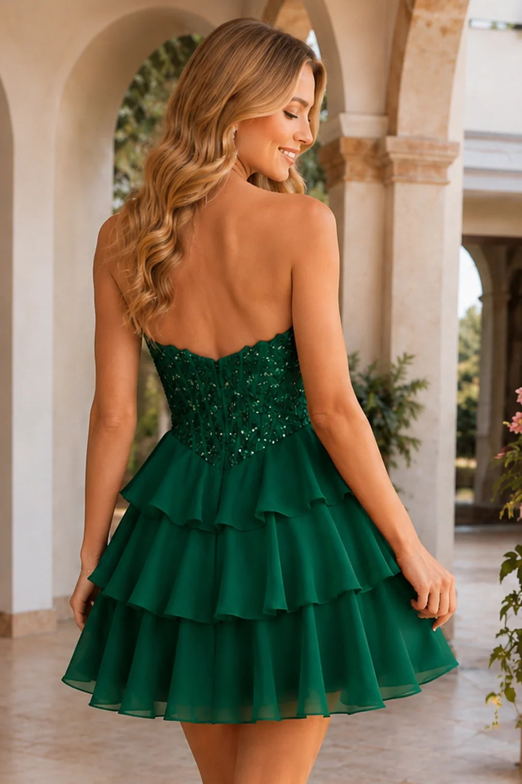 Emery Red Beaded Corset Tiered Ruffle Mini Homecoming Dress