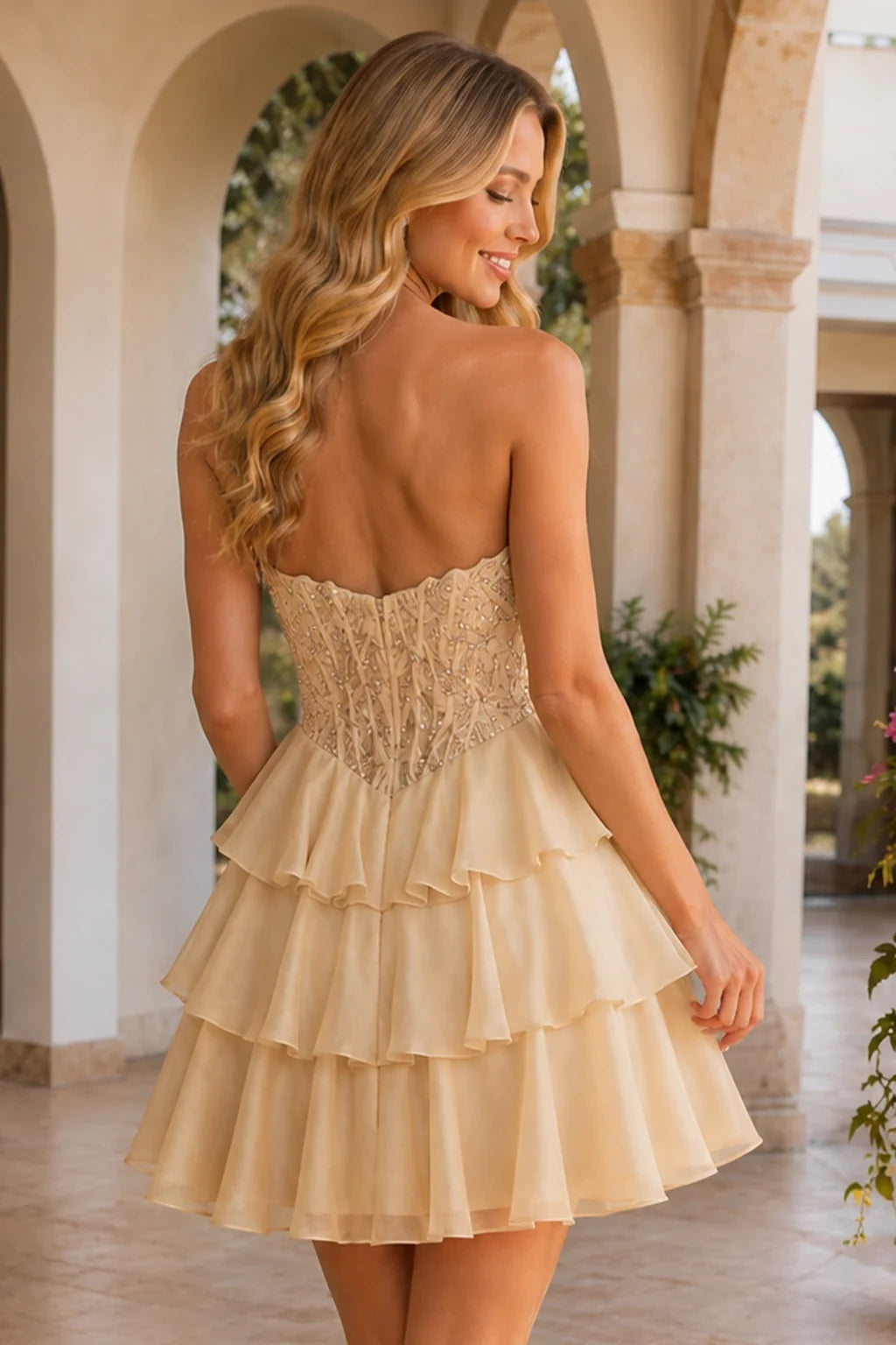 Emery Red Beaded Corset Tiered Ruffle Mini Homecoming Dress