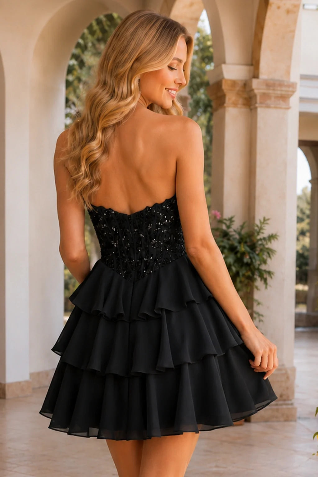 Emery Red Beaded Corset Tiered Ruffle Mini Homecoming Dress