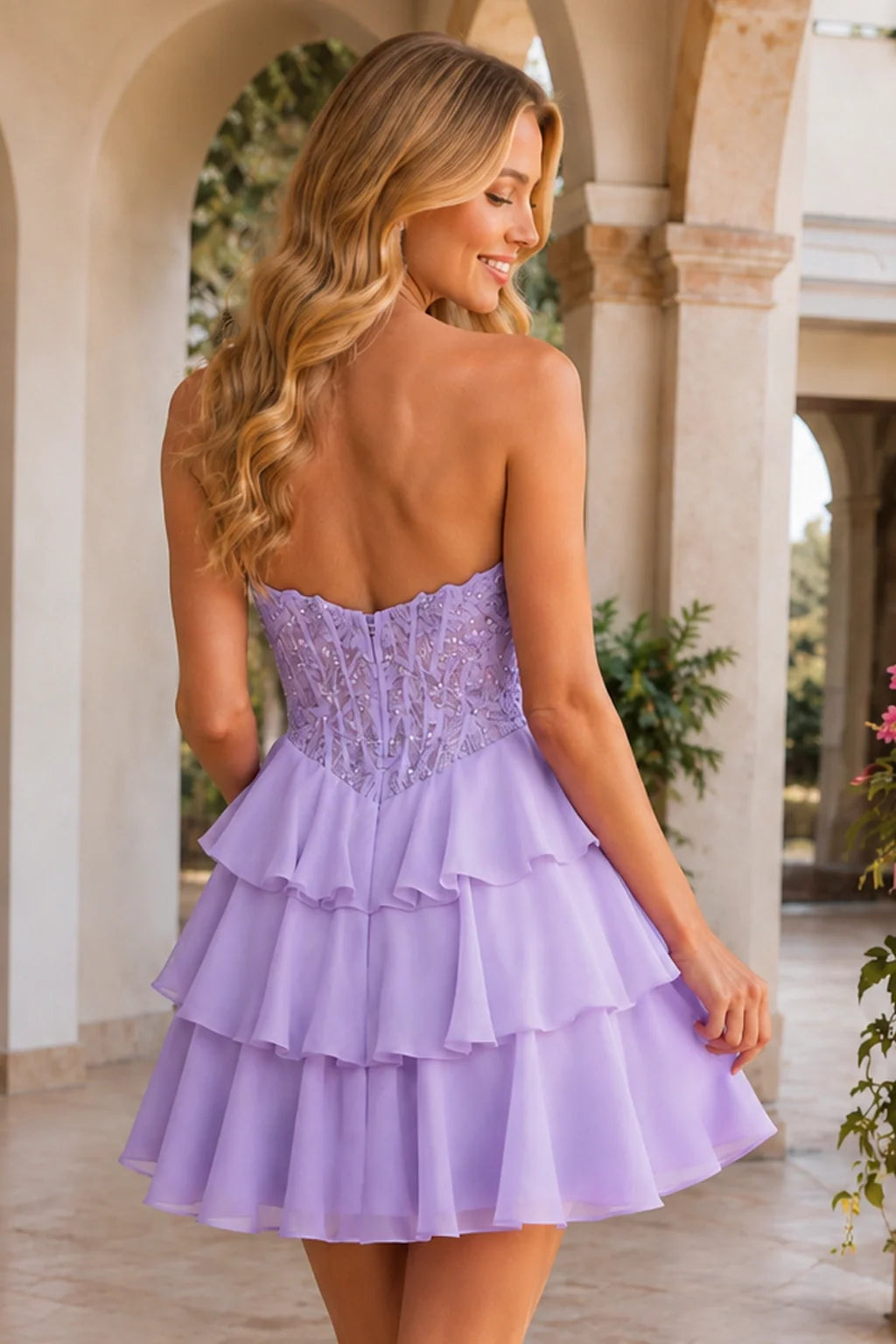 Emery Red Beaded Corset Tiered Ruffle Mini Homecoming Dress