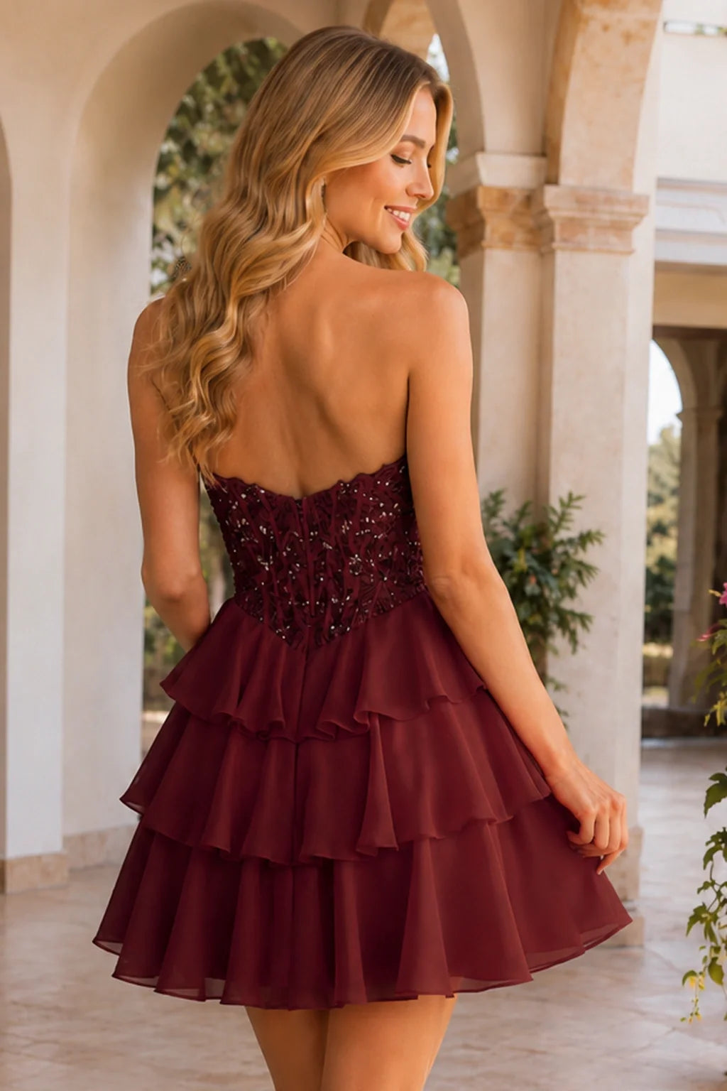 Emery Red Beaded Corset Tiered Ruffle Mini Homecoming Dress