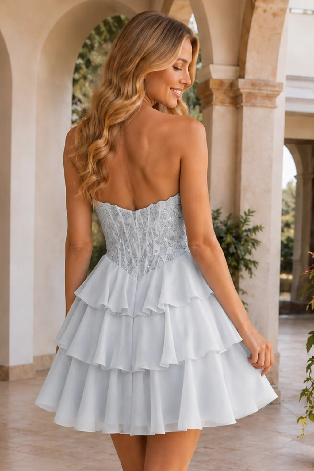 Emery Red Beaded Corset Tiered Ruffle Mini Homecoming Dress