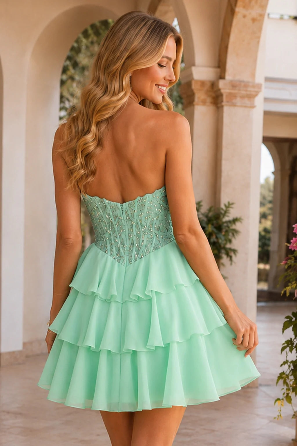 Emery Red Beaded Corset Tiered Ruffle Mini Homecoming Dress
