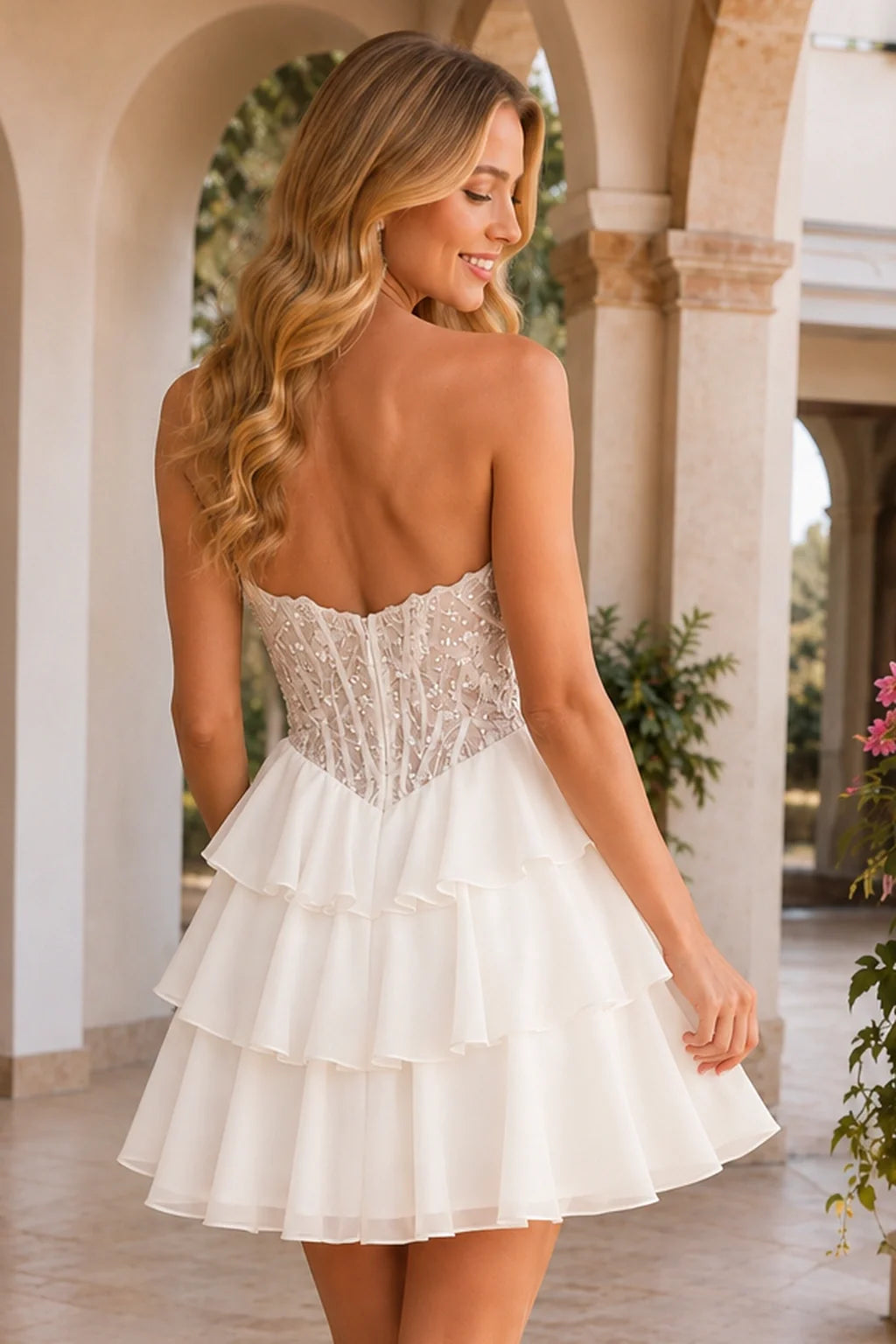 Emery Red Beaded Corset Tiered Ruffle Mini Homecoming Dress