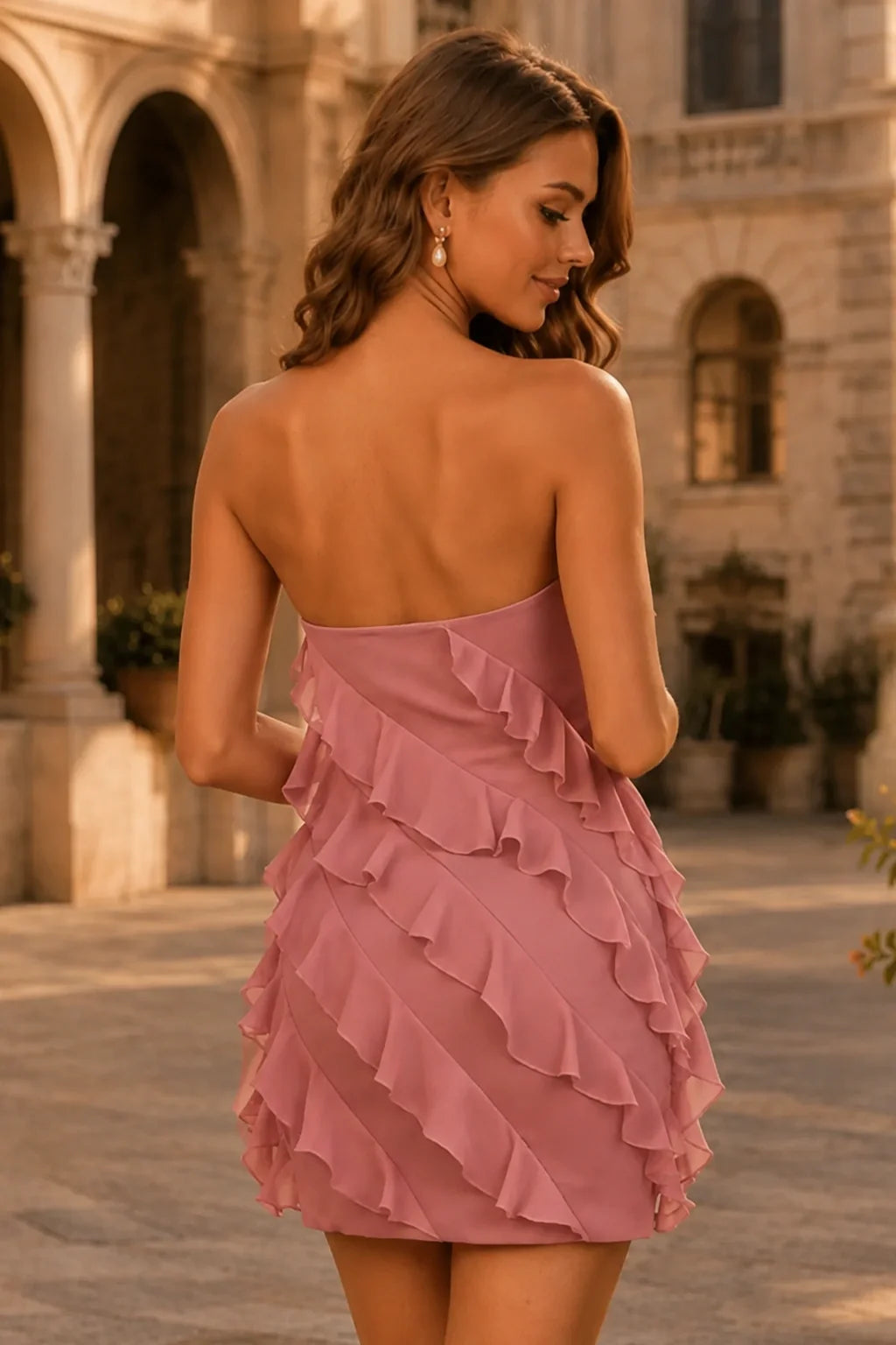 Kaelin Fuchsia Ruffle Bandeau Mini Homecoming Dress