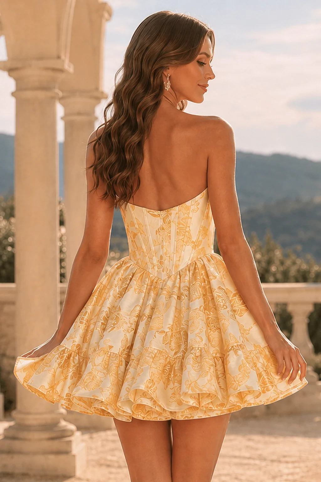 Mara Blush Floral Strapless Corset Ruffle Mini Homecoming Dress