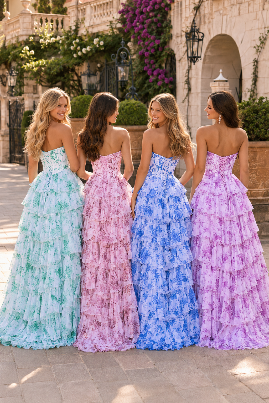 Genevieve Floral Sweetheart Tiered A-Line Prom Dress