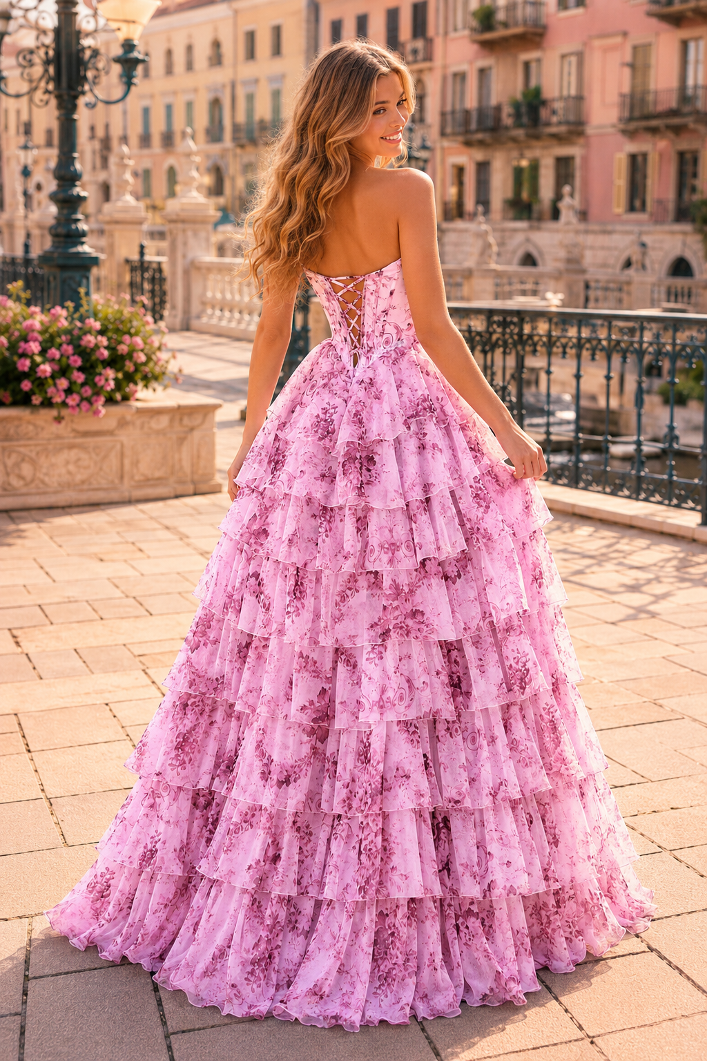 Genevieve Floral Sweetheart Tiered A-Line Prom Dress