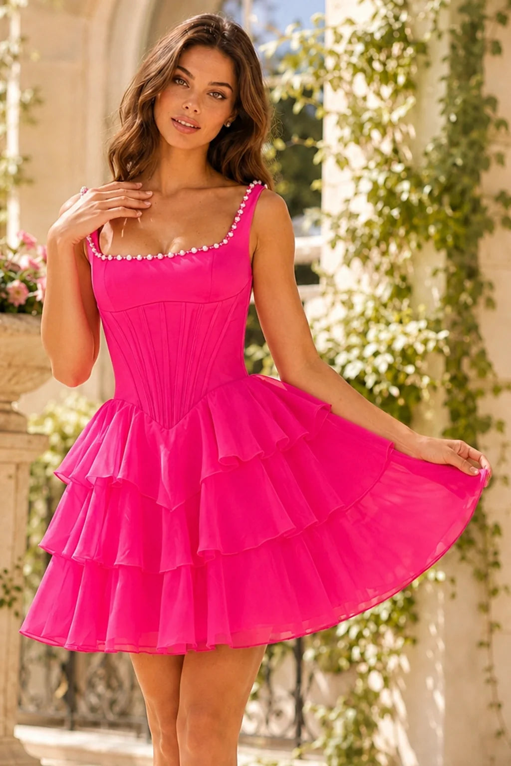 Beaded Square Neck Tiered Ruffle Homecoming Dress