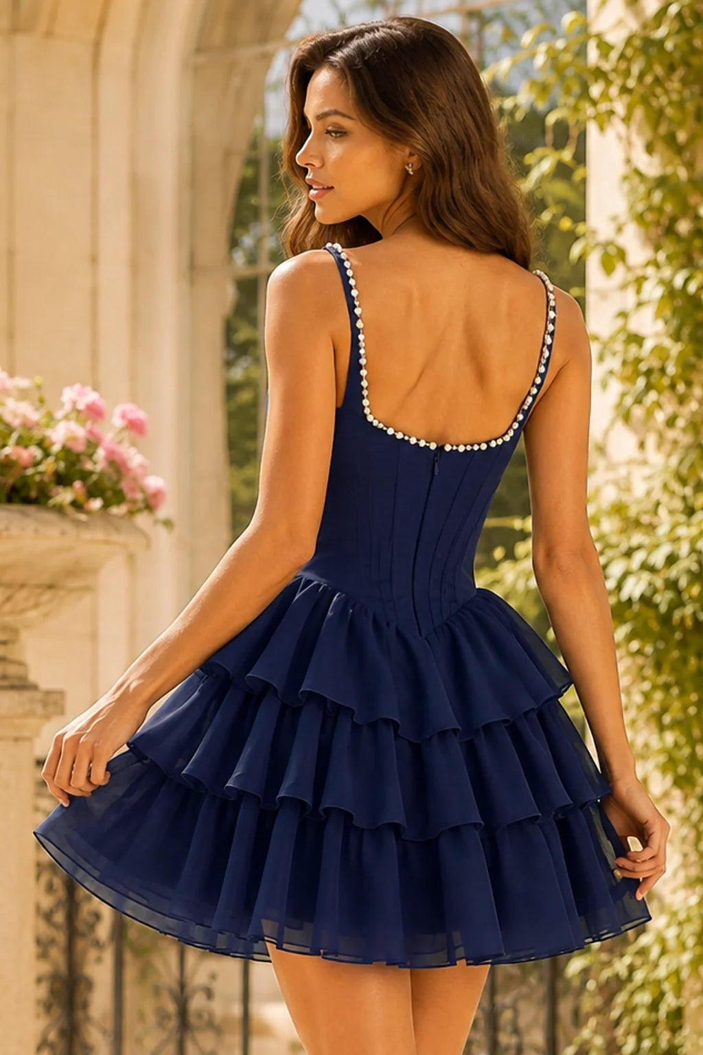 Beaded Square Neck Tiered Ruffle Homecoming Dress