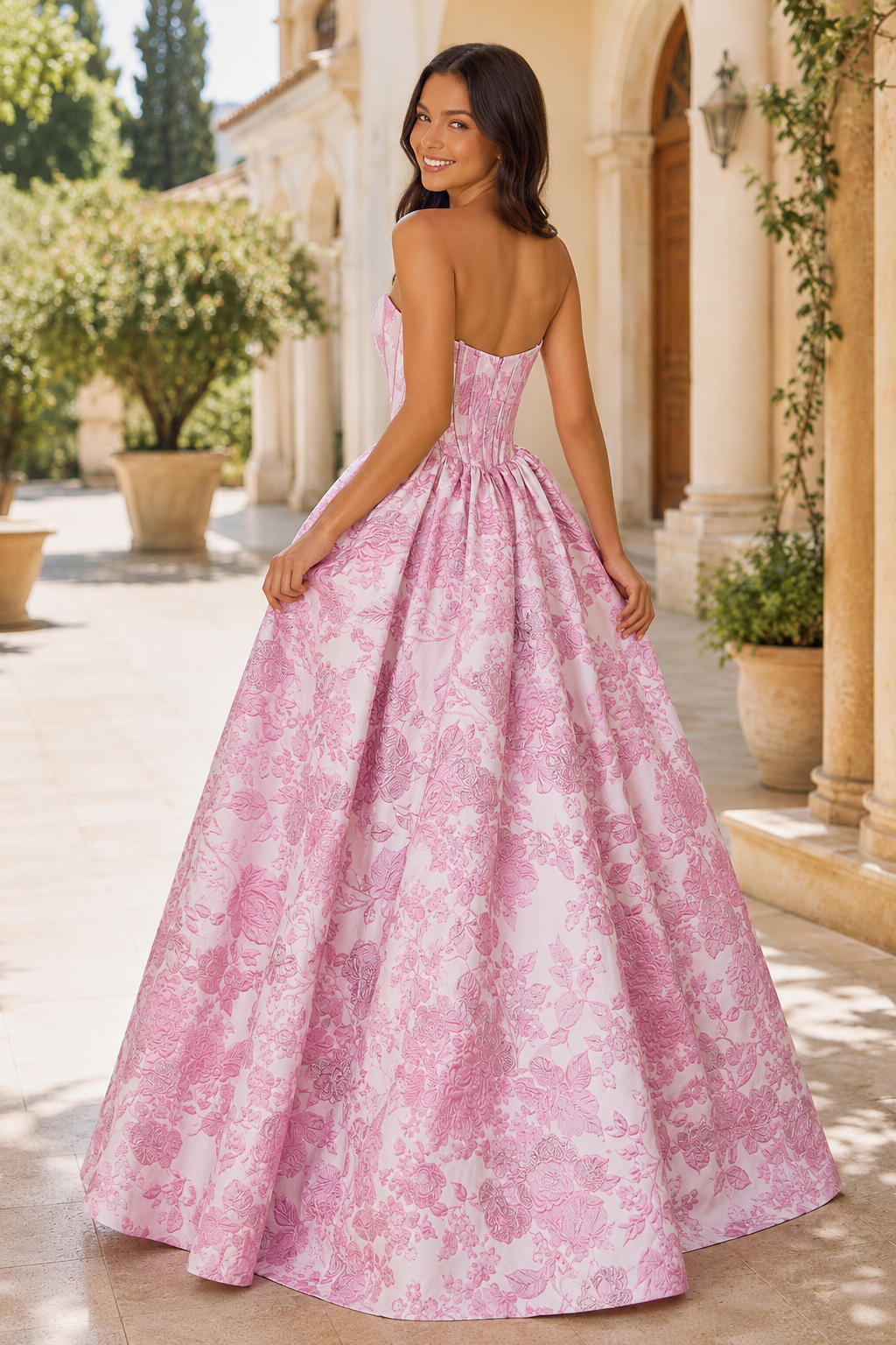 Adeline Strapless Floral Ball Gown Prom Dress