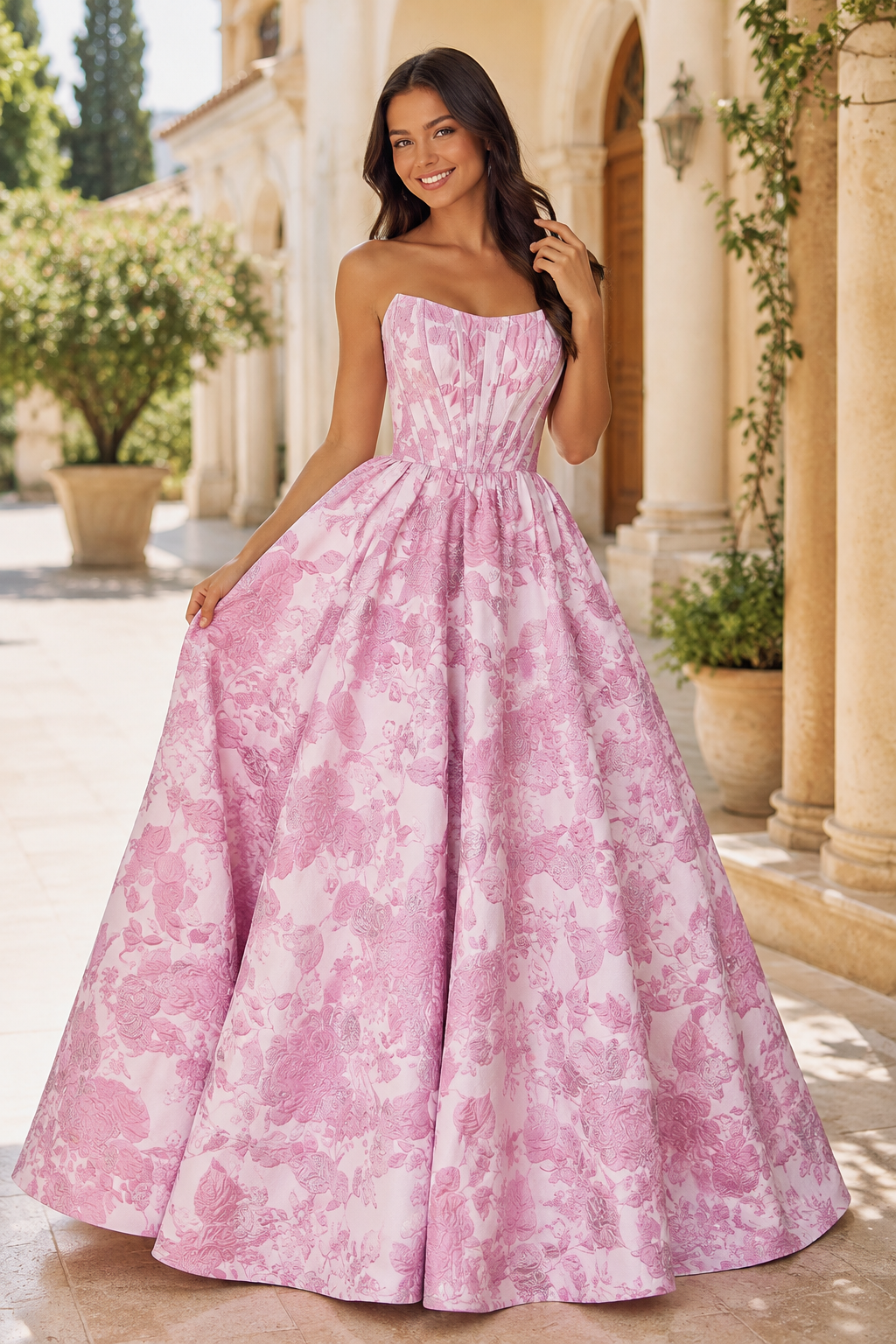 Adeline Strapless Floral Ball Gown Prom Dress
