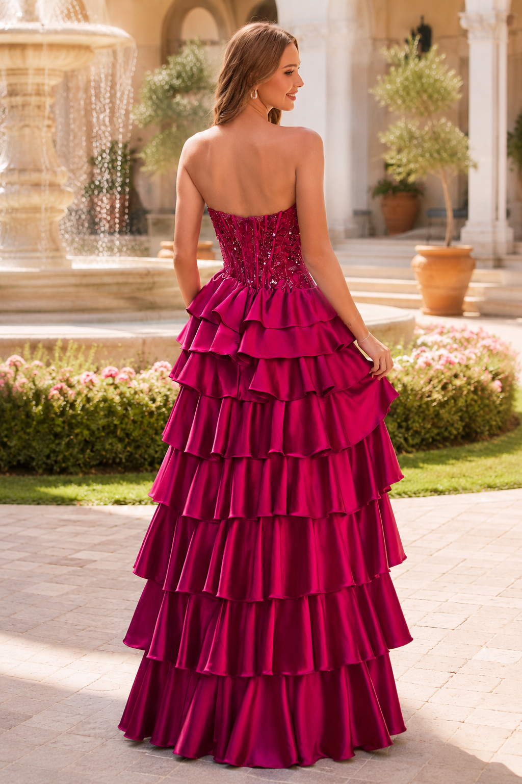Estelle Strapless Tiered Ruffle Ball Gown Prom Dress