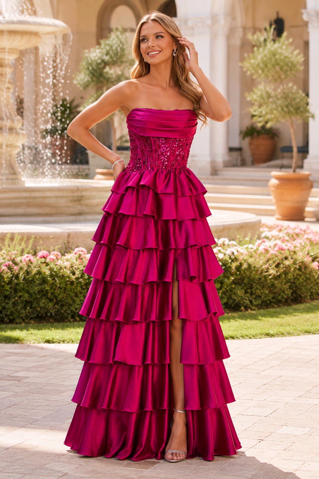 Estelle Strapless Tiered Ruffle Ball Gown Prom Dress