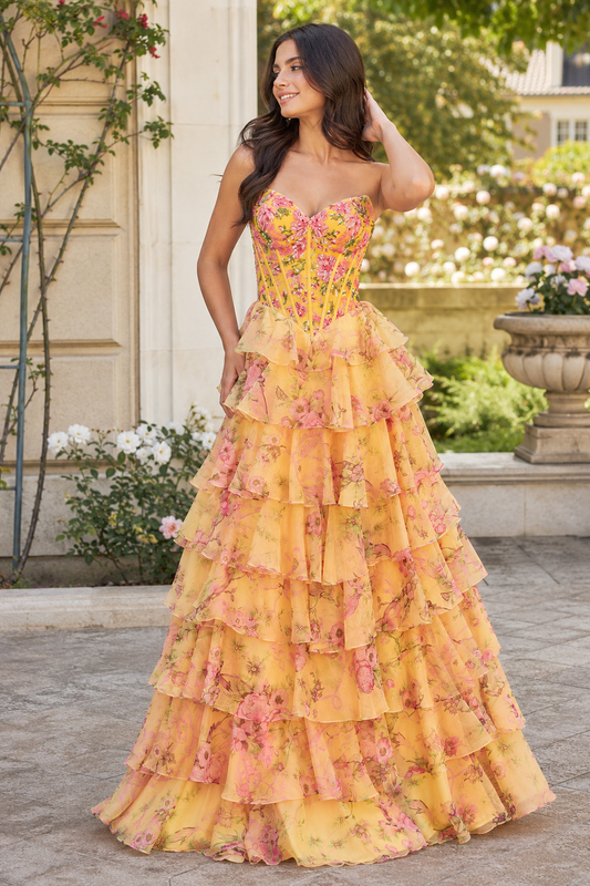Maelle Strapless Tiered Ruffle Ball Gown Prom Dress