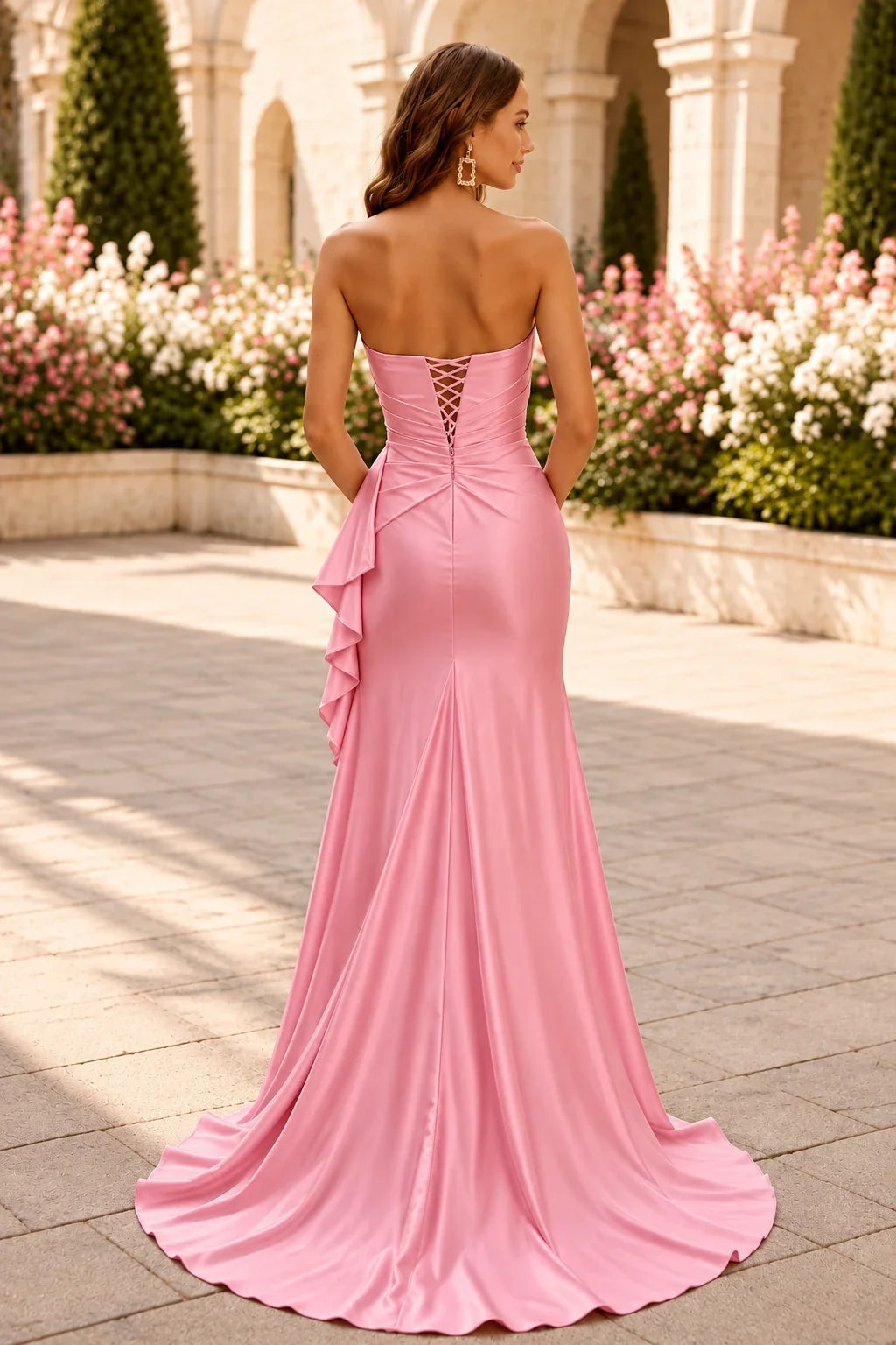 Iverna Strapless Ruched Satin Mermaid Prom Dress with Ruffle Slit