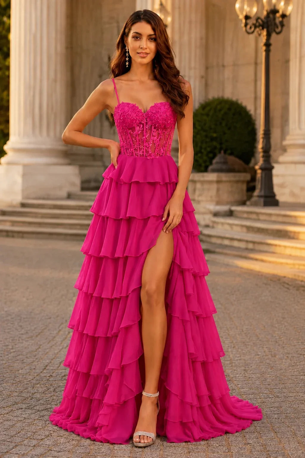Orlena Beaded Corset Tiered Ruffle Prom Dress with Slit