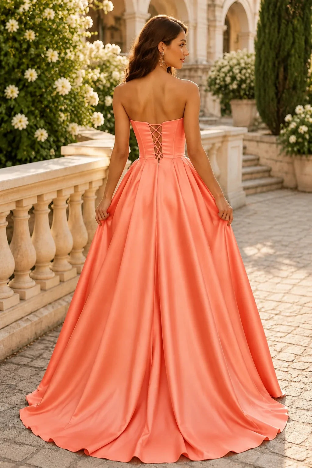Wrenora Strapless Sweetheart Satin Ball Gown Prom Dress with Slit